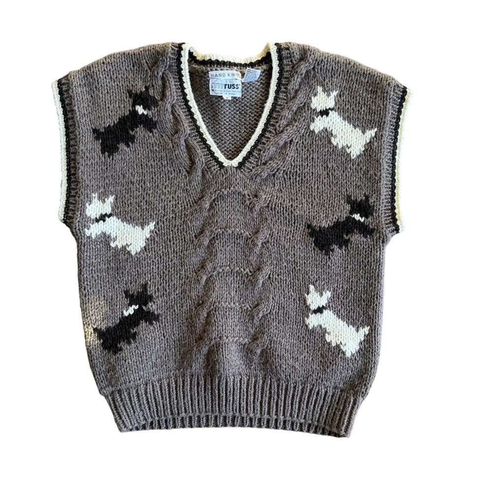 Vintage 80s Rrrrruss Scottie Dog Sweater Vest - Wool Blend Cable Knit Men’s Med